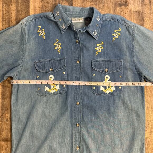 Hot Names VTG Grandmacore Anchor Rope Nautical Denim Shirt Size Unisex Medium - Picture 6 of 8